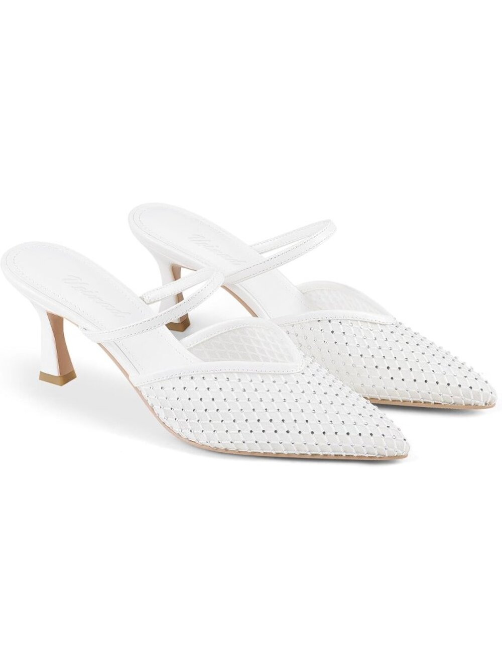 Women's White-Rhinestone High Heel Mules Pointy Toe Pumps Memory Foam Insole